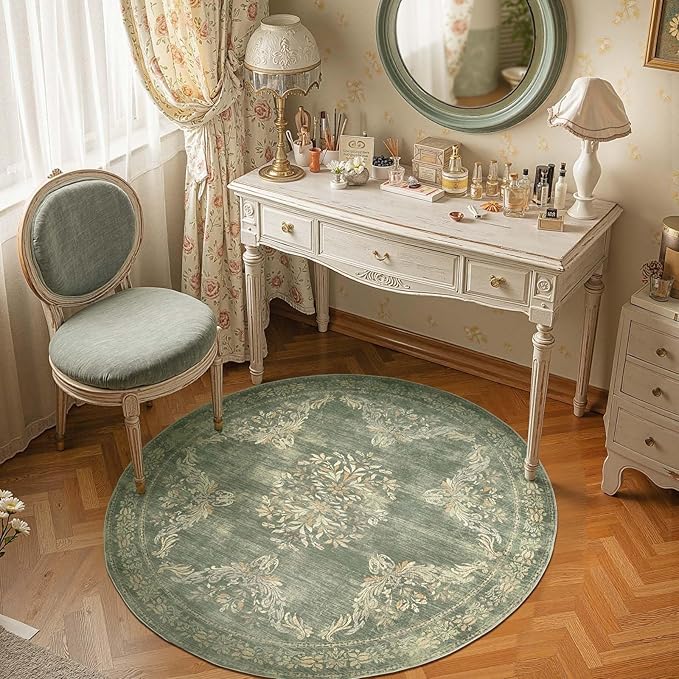 jinchan Round Rug 5ft Area Rugs Vintage Floral Distressed Design,Machine Washable Soft Non-Slip Low-Pile Ultra-Thin Circle Rug for Entryway Living Room Dining Room Bedroom (5' Round,Dark Green)