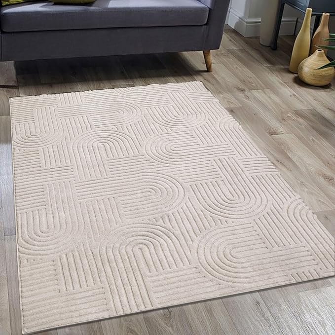 SHACOS Soft Cozy Fluffy Geometric High-Low Arch Rug 4'x5'3" Non Slip Washable Modern Area Rug Stain Resistant Contemporary Carpet for Living Room Bedroom Dining Room, Beige