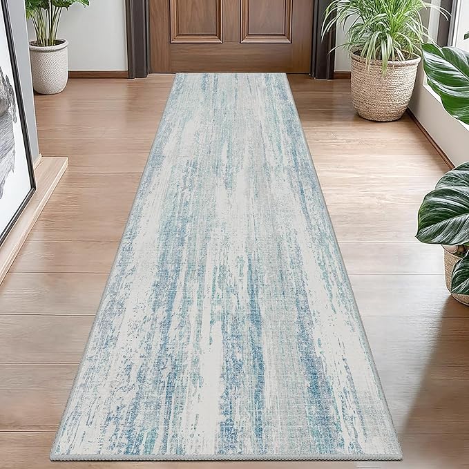 MUJOO Washable Runner Rug 2x8,Modern Abstract Area Rugs for Kitchen Hallways Bedroom Bedside Bathroom Laundry,Non Slip Throw Carpet Long Mat Indoor,Low Pile Accent Neutral Blue