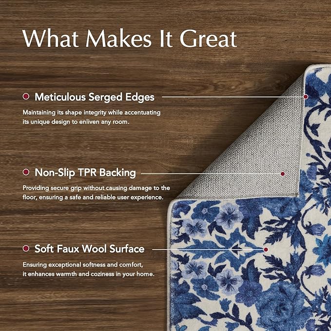 EVERGRACE Area Rugs for Living Room 3x5, Boho Floral Faux Wool Indoor Outdoor Rugs, Washable Rugs for Bedroom Entryway Dining Room Hallyway, Low Pile Floor Mat Carpet for Home Decor, Celtic Blue