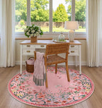Wonnitar Washable 5ft Round Area Rug, Pink Floral Living Room Rugs for Bedroom Girls, Low Pile Soft Botanical Throw Carpet for Kids Nursery Room (Pink,5ft-Round)