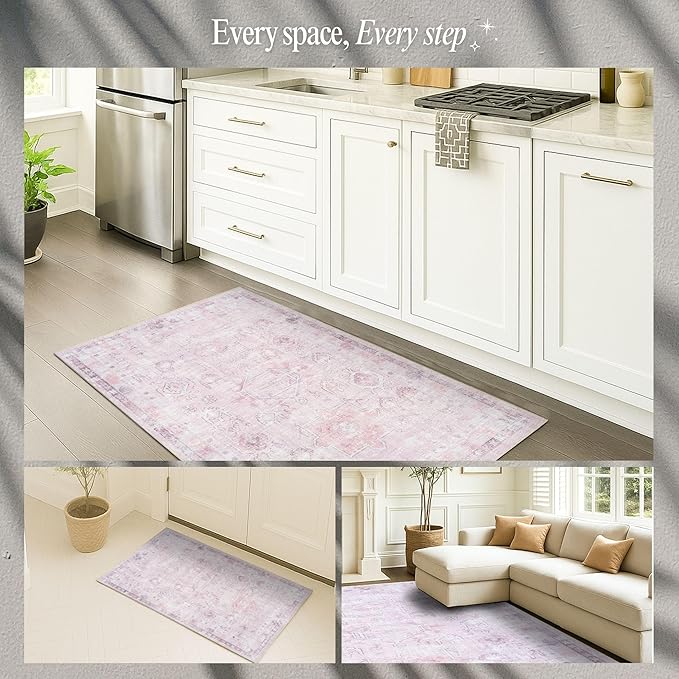Fame Rugs Turkish Rug. Washable Vintage Oriental Antique Inspired Traditional Doormat Small Modern Area Rugs Luxury Entryway Entry Bedroom Bathroom Kitchen (412PP, 2'5 x 13'1)
