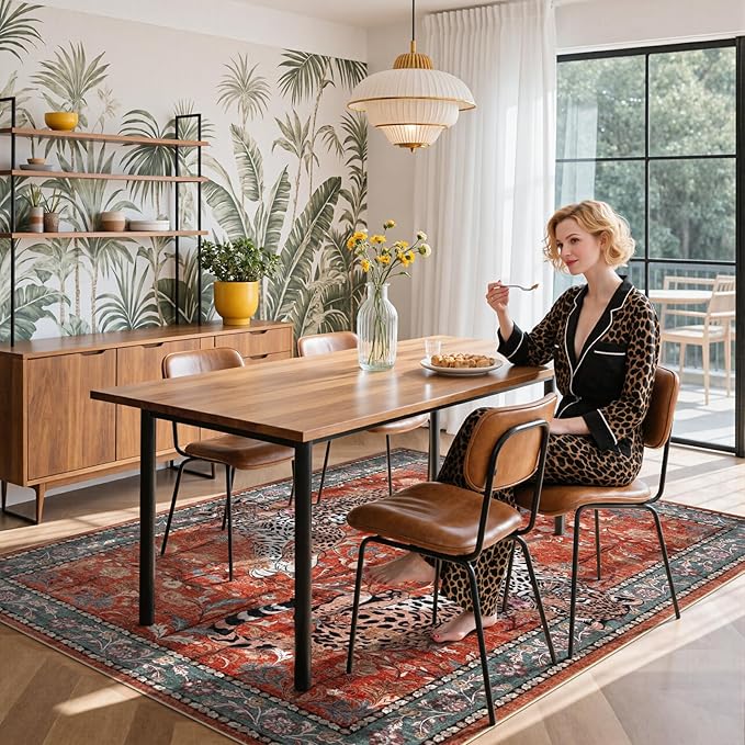 Moynesa Leopard 5x7 Area Rug, Boho Washable Living Room Rug, Non Slip Rugs for Bedroom, Ultra Thin Vintage Soft Stain Resistant Throw Floor Carpet for Office Dining Room, Rust