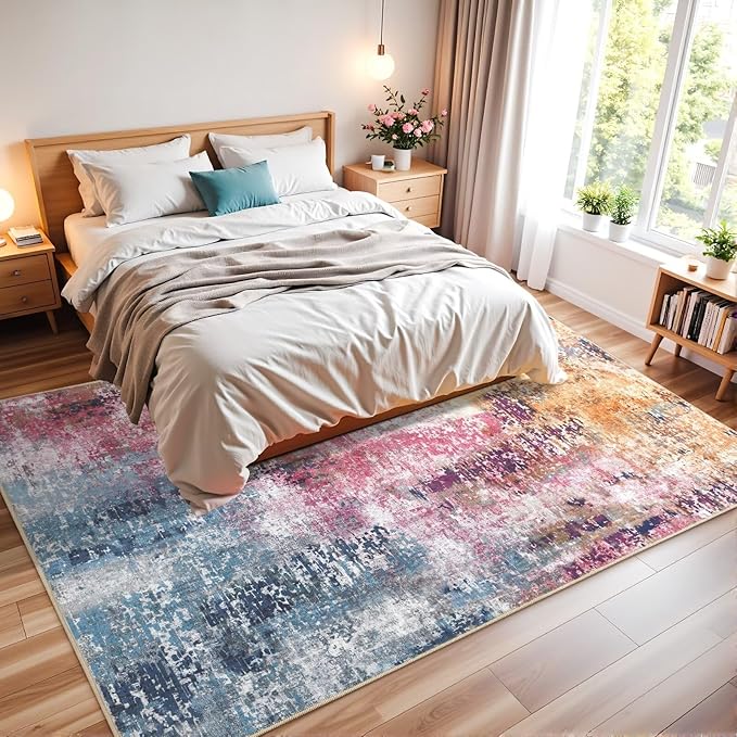 Washable Abstract Rug, 3x5 Modern Area Rugs with Non-Slip Rubber Backed for Bedroom, Thin but Soft Contemporary Carpet Kitchen Living Room Decor, Galaxy
