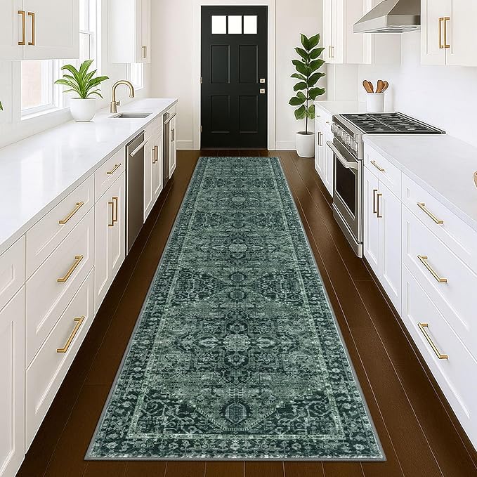 KOZYFLY Runners for Hallways 3x12 Ft Extra Long Washable Faux Wool Thin Hallway Rug Boho Runner Carpet Printed Entryway Rug for Bedroom Stairs Kitchen Living Room Hall, Dark Green