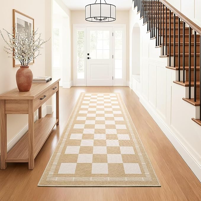 Vasofe 2x6 Runner Rug for Hallway, Washable Checkered Jute Rugs, Outdoor Indoor Patio Porch Balcony Bedroom Kitchen Laundry Geometric Mat, Non Slip Plaid Farmhouse Design Carpet, Khaki and White