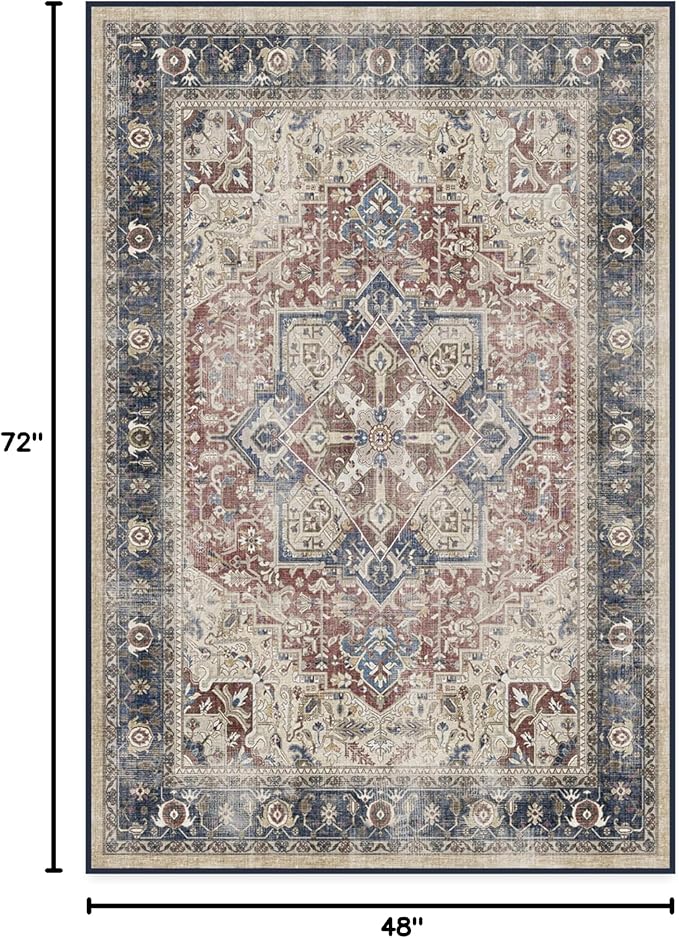 RUGGABLE Washable Area Rug – Kamran Royal Blue 4x6, Stain-Resistant, Non-Slip – Medium Machine Washable Rugs for Living Room, Bedroom, Hallway, Entryway & Office–with Standard Pad