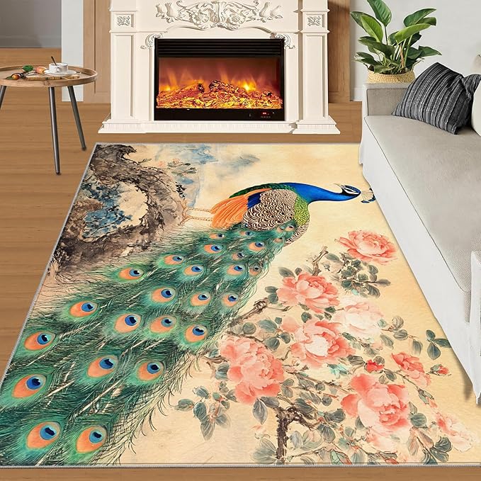 Peacock Peony Flower Area Rug 3x4-3x4 Rug, Classic Peacock Peony Rugs for Living Room, Oriental Carpet, Floral Animal Washable Area Rugs for Bedroom, Aesthetics Carpet - Peafowl Home Decor & Gifts