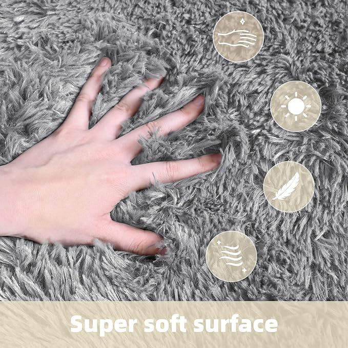 6x9 Solid Fluffy Grey Area Rug – Washable, Durable, Large Living Room Rug, Non-Slip High Pile Shag Rugs for Bedroom, Bedside, Dorms, Nursery Rooms, Kids Room, Soft Indoor Floor Carpet Decor