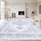 Area Rug 9x12 Living Room Rug, Machine Washable Vintage Distressed Medallion Rug Non-Slip Soft Low Pile Large Indoor Rugs for Bedroom Kitchen Dining Room Office(LightGrey,9'x12')