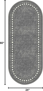 Antep Rugs Alfombras Modern Bordered 2x5 Non-Skid (Non-Slip) Low Profile Pile Rubber Backing Kitchen Area Rugs (Gray, 2' x 5' Oval)