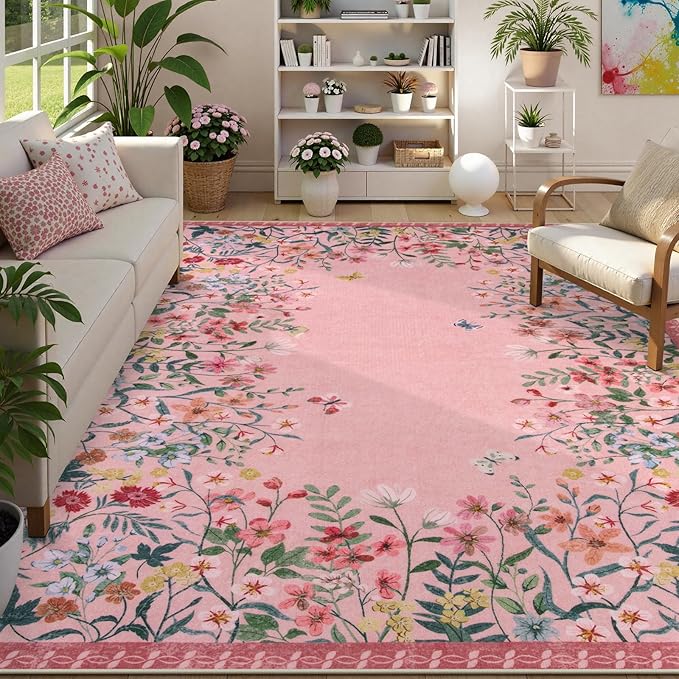 Wonnitar Washable Pink Floral 9x12 Rugs for Bedroom, Non-Slip Living Room Area Rug, Cute Nursery Large Botanical Area Rug, Soft Floor Carpet for Playroom Closet (Pink,9'x12')