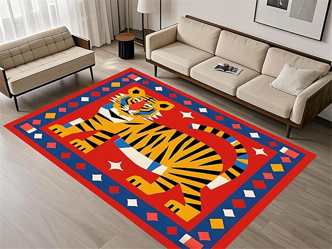 Jungle Animal Area Rug,4x5ft,Unique Design Tiger Print Rug With Geometric Pattern，Bohemian Style Animal Tiger Print Pattern Colorful Rug,Washable Non-Slip Rug for Living Room Classroom Nursery Decor