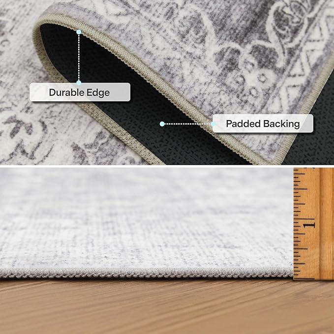 ReaLife Rugs Machine Washable Area Rug Runner - Living Room Bedroom Bathroom Kitchen Entryway Office - Padded Low Pile Stain Resistant Premium - Boho Farmhouse Vintage - Noor - Silver Ivory 2'6" x 8'