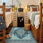 Area Rugs 4'x6' Washable Non-Slip, Floral Vintage Distress Print Pattern Medallion Carpet for Living Room Bedroom Dining Room, Teal Green Lake Blue Turquoise