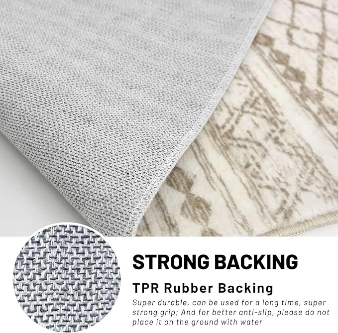 KUTA Boho 3x5 Rug for Entryway, Moroccan Washable Area Rug for Living Room, Non Slip Beige Navy Blue Ultra Soft Print Distressed Geometric Low-Pile Entry Throw Carpet for Bedroom Nursery Dorm Decor