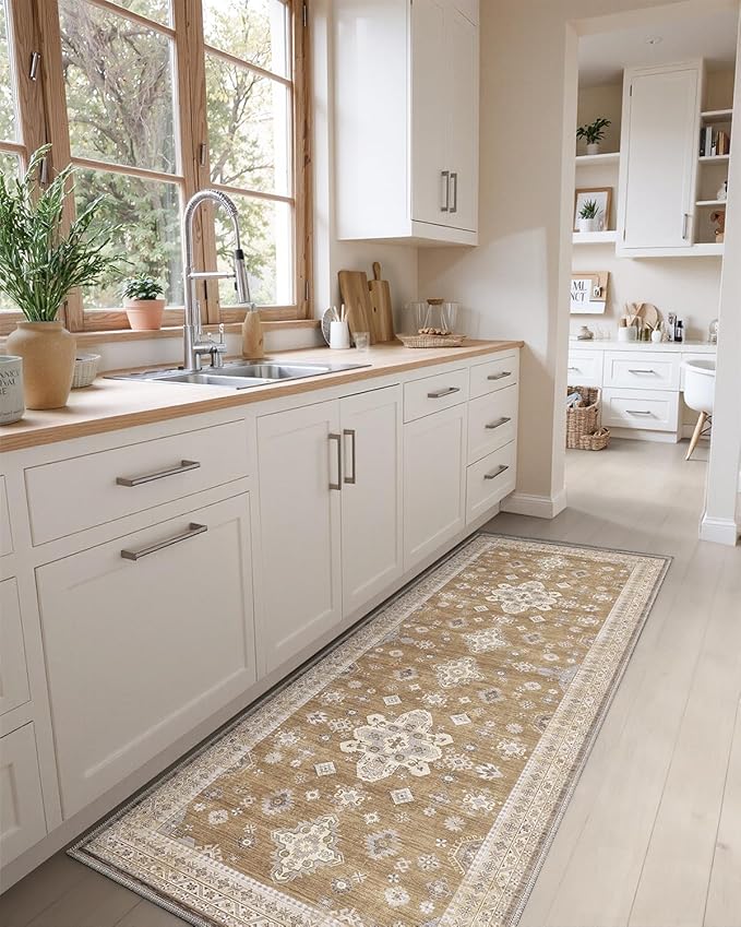 DEXI Hallway Runner Rug 3x7, Distressed Non Slip Runners Carpet, Boho Vintage Soft Thin Indoor Rug, Stain Resistant Washable Entry Mat for Entryway Kitchen Laundry Room Living Room, Light Brown