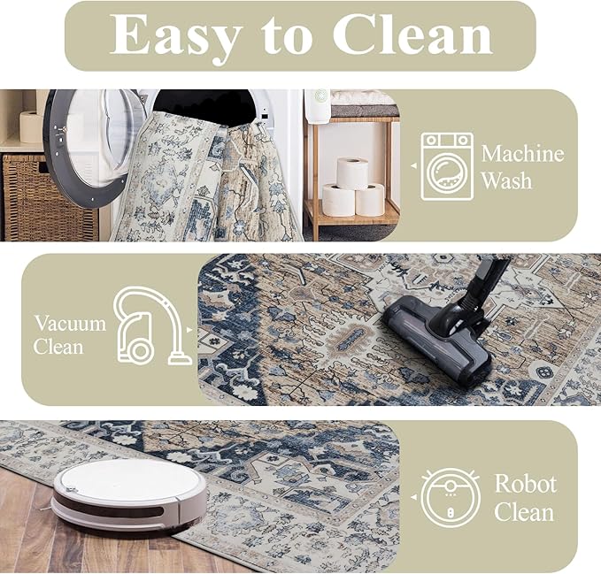 9x12 Area Rug Living Room Rugs, Stain Resistant Washable Rug, Vintage Large Non-Slip Backing, Low Pile Lightweight Print Rug for Bedroom Dinning Room Home Office (Taupe/Blue)