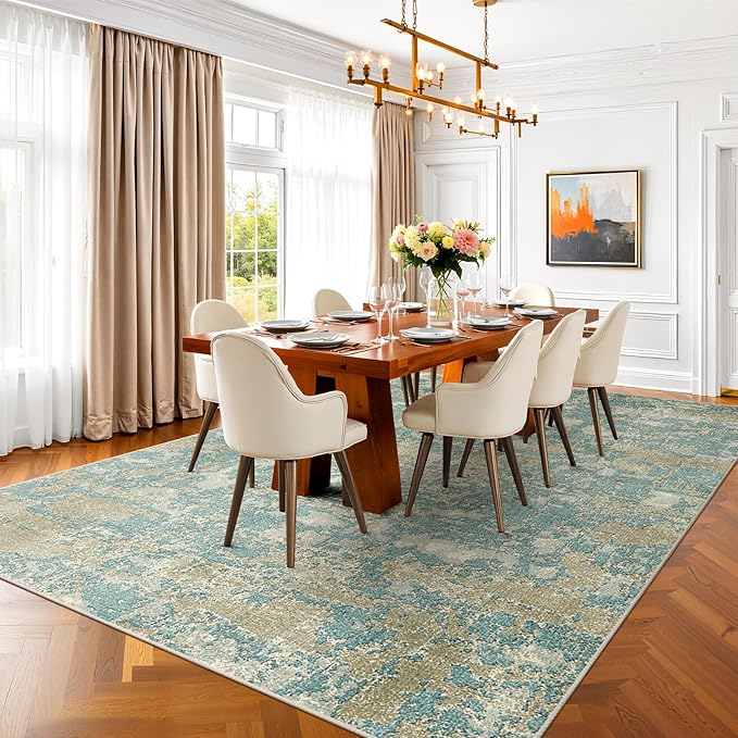 WITSHOCK Living Room Area Rugs 10x12：Modern Abstract Machine Washable Large Rug for Bedroom Dining Room Non-Slip Stain Resistant Home Office Decor,Teal Brown
