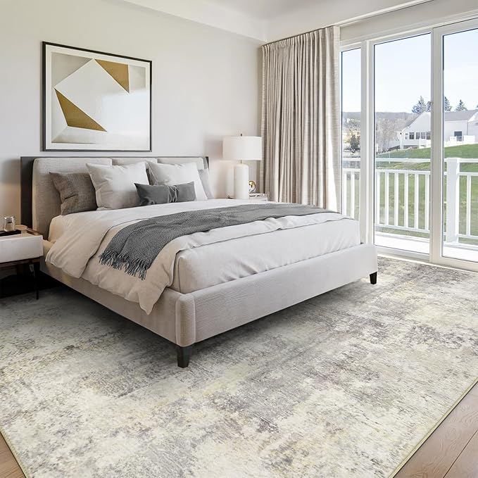 Washable Area Rugs for Living Room 9x12 - Large Neutral Modern Abstract Rug, Soft Low Pile Carpet with Non Slip Backing for Under Dining Room Table, Bedroom, Home, Office, Dorm - Brown Grey