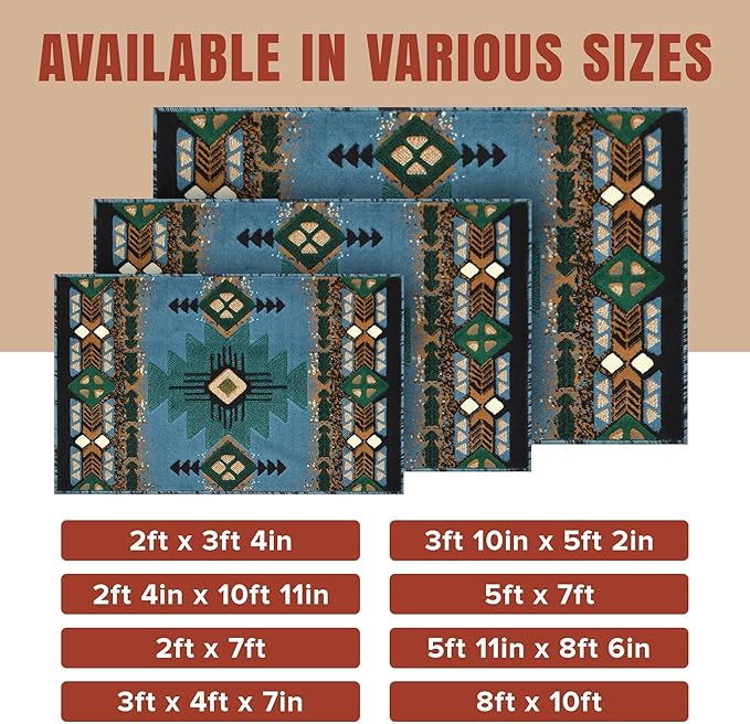 YHSF South West Native American Area Rug C318 - Easy Clean, Thick, Soft, Durable Native Tribal American Indian Inspired Rug for Bedroom/Living Room and More - Blue-Green, 3 ft 10 in x 5 ft 2 in