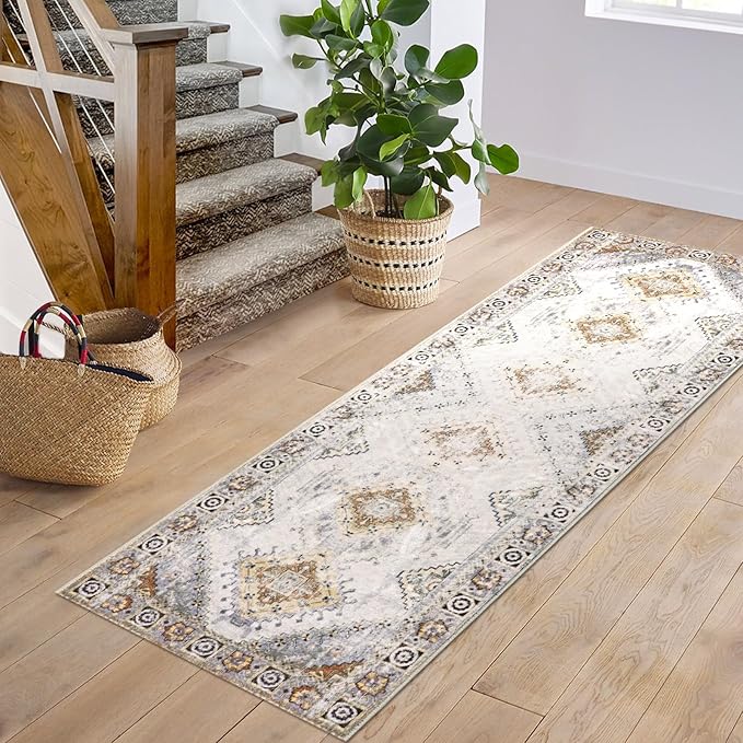 COMSLE Boho Runner Rug, 2x6 Washable Rugs for Hallway Faux Wool Small Throw Rug Distressed Kitchen Area Rug Non-Slip Laundry Room Rug Carpet Runner for Entryway Indoor Bedroom (Khaki)