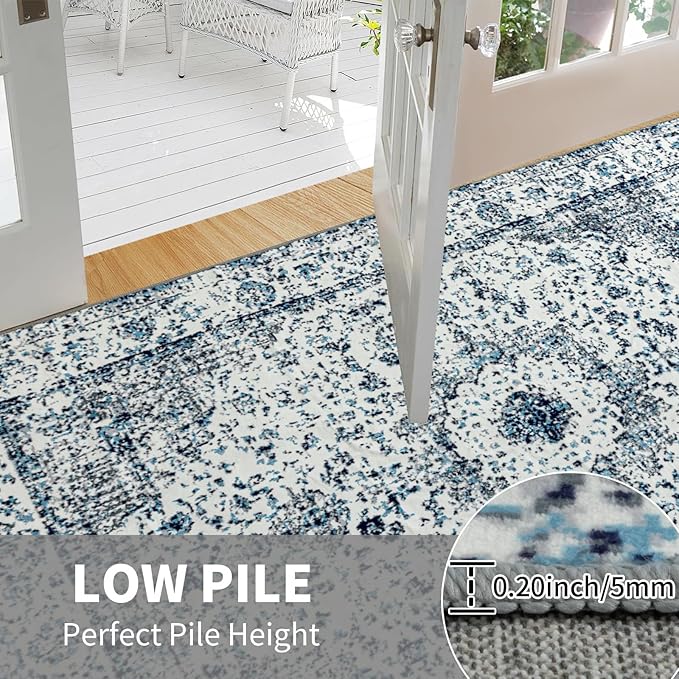 Easy-Going Area Rug 4x6 Washable Boho Rugs for Living Room Non-Slip Bedroom Rug Low Pile Lightweight Floral Print Vintage Throw Rug for Dining Room Kitchen Home Office Carpet, Blue Cream