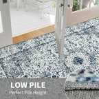 Easy-Going Boho Area Rug 2x3 Washable Entryway Rugs Front Door Mat Indoor Entrance Non-Slip Vintage Small Entry Rug for Living Room Kitchen Bathroom Office Lightweight Carpet, Floral Blue Cream