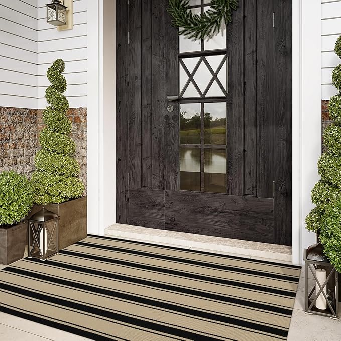 Striped Outdoor Rug 3'x5', Cotton Hand Woven Rug Front Door Mat,Washable Reversible Layered Door Mats, Foldable Front Porch Rug for Entryway/Home Entrance/Farmhouse(Black and Tan)