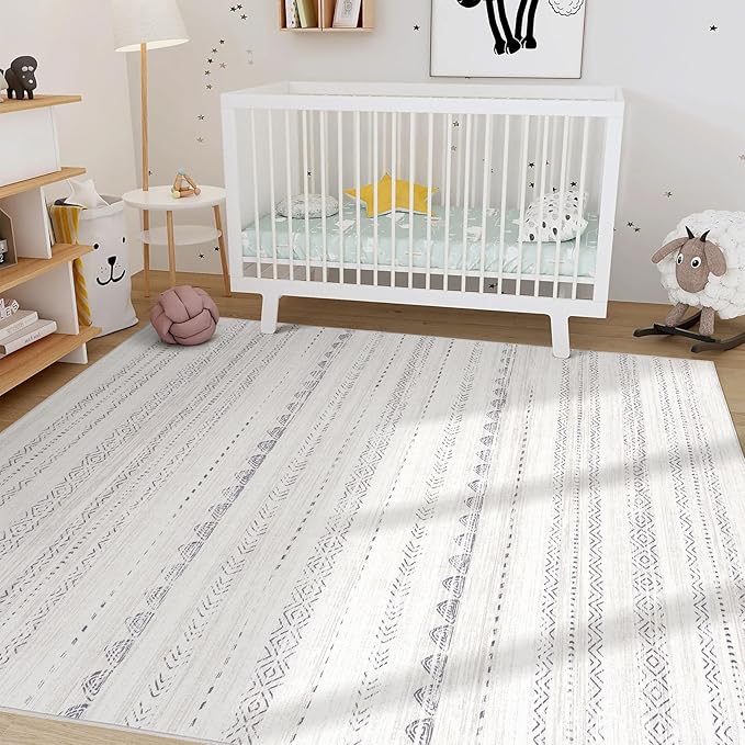 Nakagishi Area Rugs 9x12 Living Room: Washable Boho Large Neutral Modern Soft Farmhouse Rug Stain Resistant Indoor Non-Slip Accent Carpet for Bedroom Nursery Kids Playroom Office Dining Room- Gray