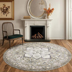 PURRUGS Vintage Farmhouse Boho Area Rug 6x6 ft, Non-Slip Machine Washable Round Rug, Accent Oriental Rug for Dining Room, Living Room, Bedroom, Entryway and Kitchen, Taupe/Vanilla