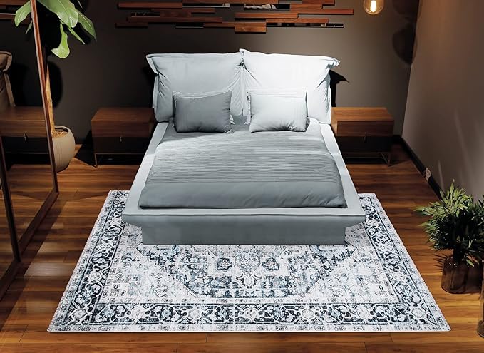 Bloom Rugs Washable Non-Slip 2x3 Rug - Denim Blue Traditional Oriental Area Rug for Living Room, Bedroom, Dining Room, and Kitchen - Exact Size: 2' x 3'