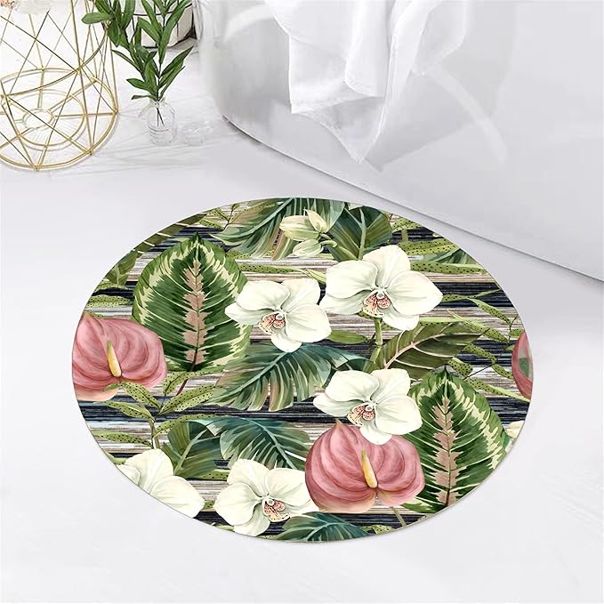 5ft Round Indoor Rug Non-Shedding Machine Washable，Low Pile Non-Slip Carpet with Tropical Floral Pattern，Soft Floor Mat for Living Room, Bedroom, Mudroom Easy Clean Home Decor