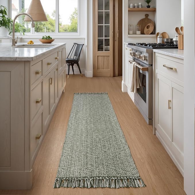 Collive Boho Runners for Hallways 2x7 ft, Washable Kitchen Runner Rug Low-Profile Neutral Indoor Entryway Rug, Olive Green/Cream Braided Cotton Floor Carpet for Laundry Room Bedroom Doorway