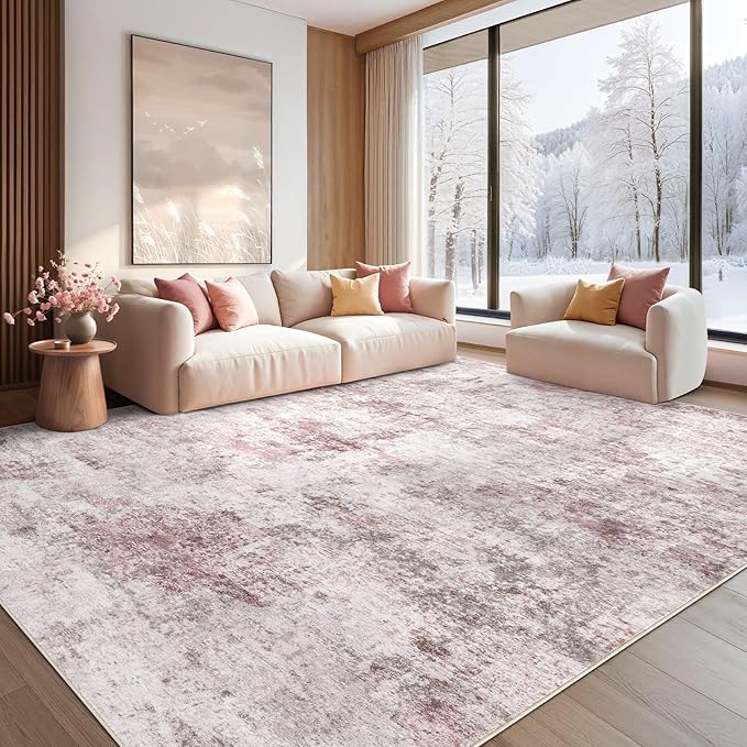 9x12 Area Rug Living Room Rugs - Washable Neutral Modern Abstract Soft Thin Large Rug Indoor Floor No Slip Rug Carpet for Bedroom Under Dining Table Home Office Decor - Pink