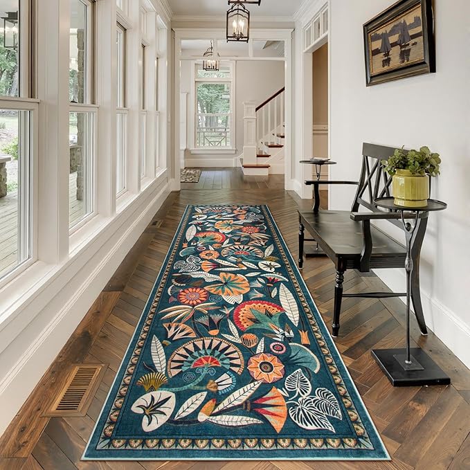 Boho Washable Green Bathroom Kitchen Runner Rug, 2x8 Egypt Hallway Entryway Rug Runner, Non Slip Botanical Floral Vintage Carpet for Entry Living Laundry Room (Dark Green, 2 x 8)
