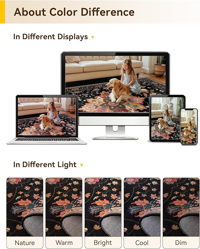 Area Rugs 2'x5' Washable Non-Slip, Floral Vintage Distress Print Pattern Medallion Carpet for Living Room Bedroom Dining Room, Black Colorful Floral Dark Tan