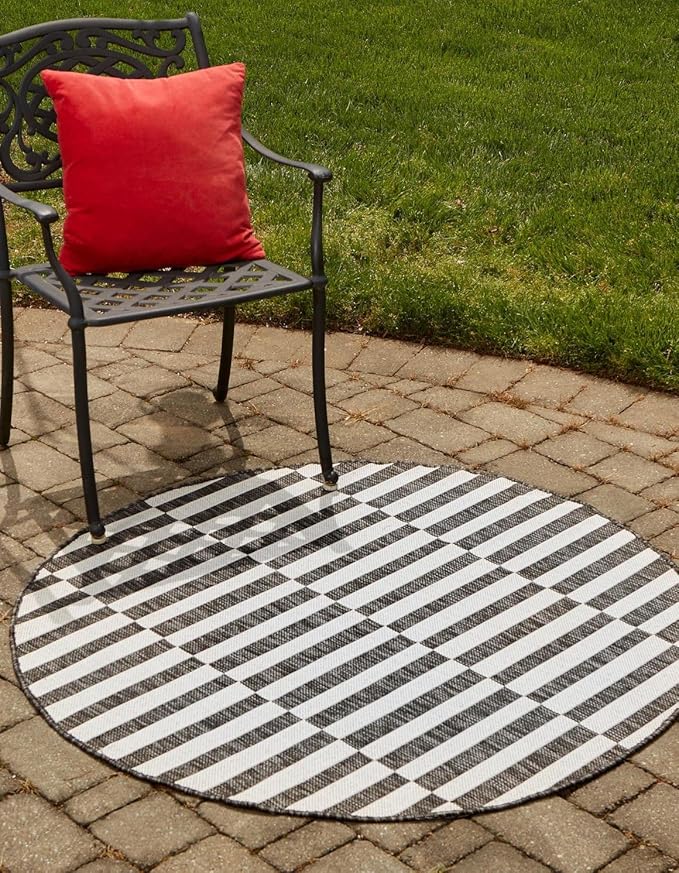 Unique Loom Outdoor Striped Collection Area Rug - Striped (13' Round, Charcoal/Ivory)