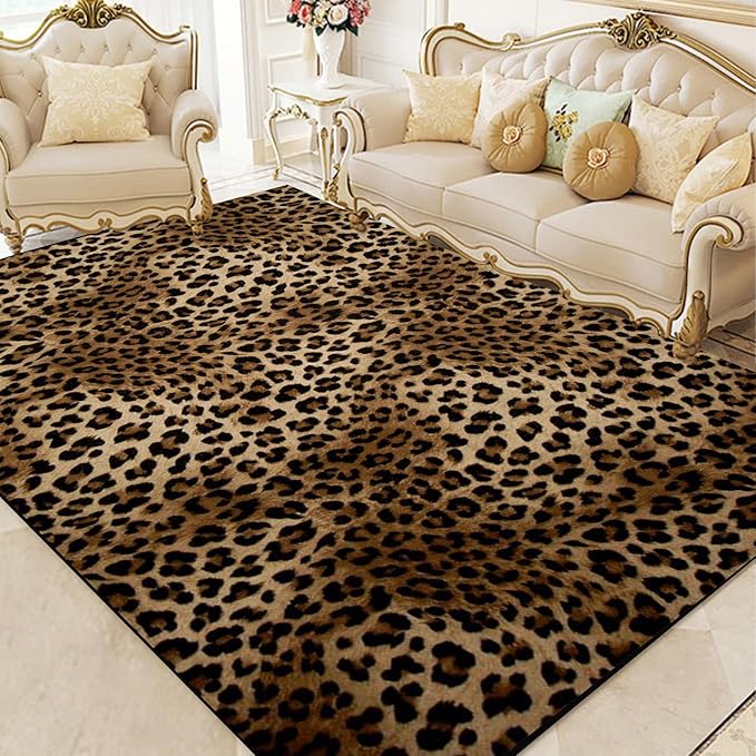 Leopard Rug 6x9 Washable Area Rug Soft Large Bedroom Rug Non Slip Living Room Rugs Leopard Print Low-Pile Indoor Carpet for Den Dorm Playroom（6x9ft,Brown）