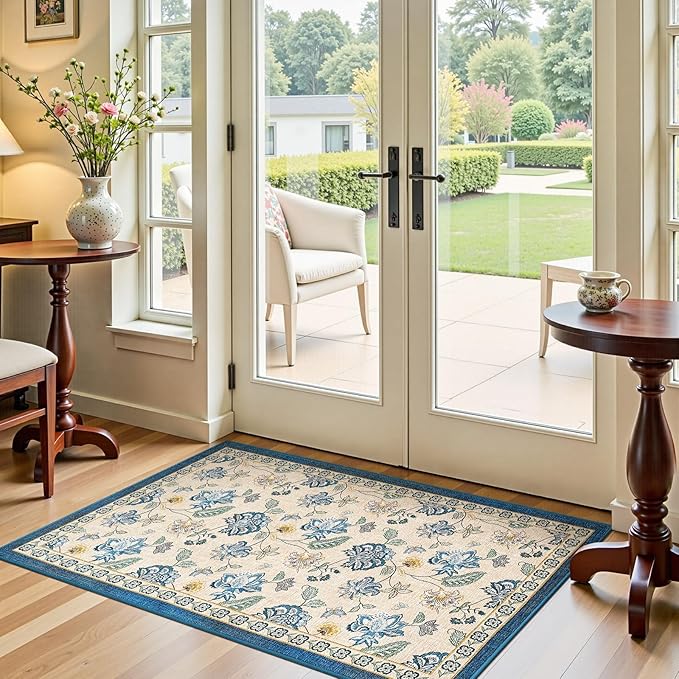 jinchan Elora 3x5 Floral Rug for Entryway Washable Rug Vintage Romance Design Small Mat Non Slip Indoor Doormat Lightweight Low-Profile Throw Carpet for Entrance Bathroom Laundry Room, Blue/Beige
