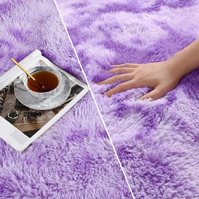 Large Shag Area Rugs 6 x 9, Tie-Dyed Plush Fuzzy Rugs for Living Room, Ultra Soft Fluffy Furry Rug for Bedroom, Indoor Carpet Nursery Rugs for Kids Room Home Decor, Purple