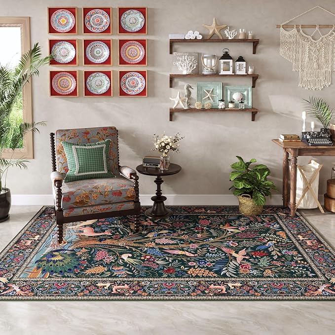 Rugcomf 3x5 Rug Vibrant Tree of Life-Patterned Vintage Non Slip Low Pile Small Carpet for Bedroom Bedside Kitchen Entryway Kids Room Office College Dorm Essentials for Girls, Green
