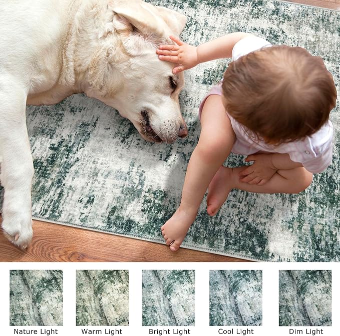 Modern Abstract Runner Rug 2x5, Grey Green Washable Entryway Kitchen Runner Non-Slip Soft Hallway Rug Runner Thin Print Faux Wool Carpet for Bedroom Laundry Room Indoor