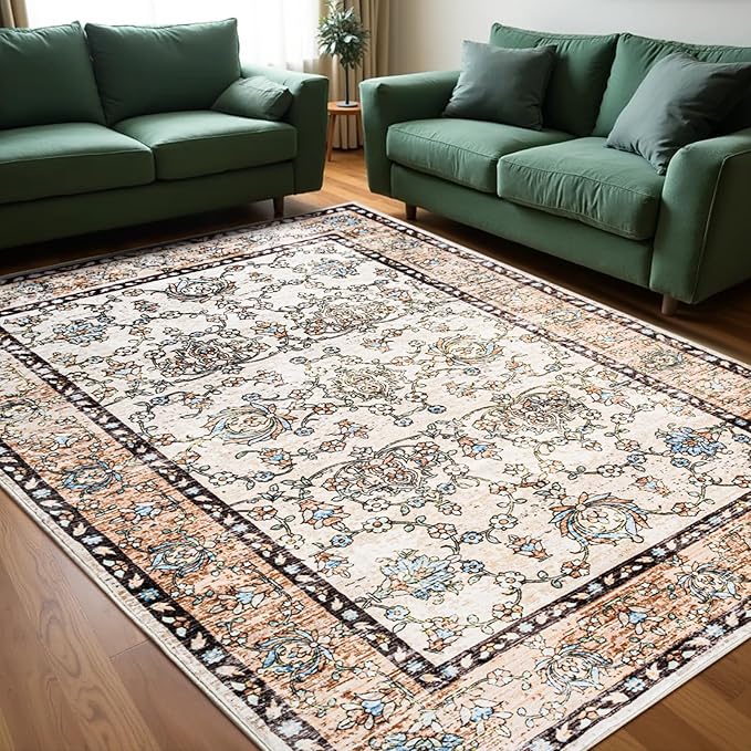 Area Rug for Living Room, 8x10 Machine Washable Non Slip Large Faux Wool Throw Rug, 0.3″ Low Pile & Non-Shedding Boho Large Carpet Rugs for for Dining Room, Bedroom, Office (Khaki)