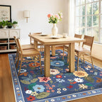 Floral 8x10 Area Rug Machine Washable Soft Print Boho Carpet Non Slip Doormat Low Pile Flower Area Rugs for Living Room Bedroom Nursery Kitchen Dining Room Indoor-Blue/Grey