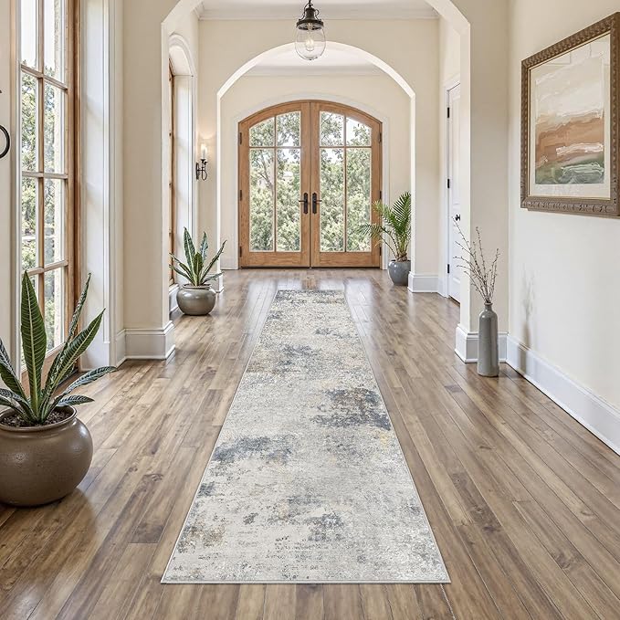 2X10 Washable Runner Rug for Hallway: Soft Neutral Modern Abstract Area Rug - Non-Slip Low Pile Long Throw Indoor Carpet for Kitchen Entryway Kitchen Bedroom Laundry - Blue Grey
