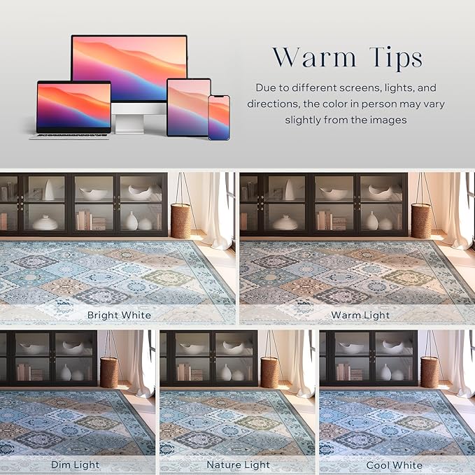 Phantoscope Washable Area Rug 4'x6' Non-Slip, Vintage Boho Rugs for Living Room, Bedroom, Dining Room, Distressed Moroccan Mosaic Diamond Pattern, Low-Pile Foldable Floor Carpet, Blue Teal/Neutral