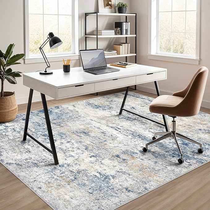 Area Rug Living Room Rugs - 8x10 Abstract Large Soft Indoor Washable Rug Neutral Modern Low Pile Carpet for Bedroom Dining Room Farmhouse Home Office - Blue