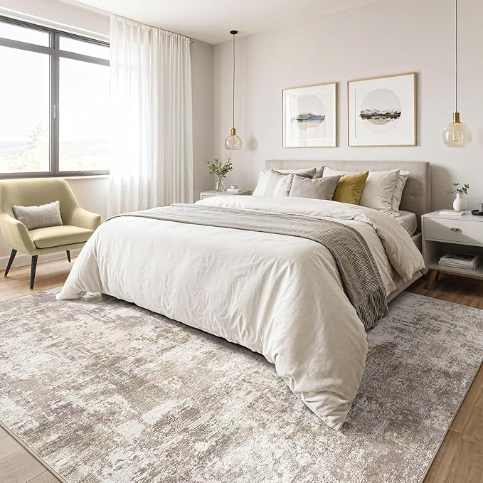 5x7 Area Rugs Living Room: Washable Large Abstract Soft Rug Stain Resistant Indoor Floor Non-Slip Accent Carpet for Women Modern Home Enthusiasts Aged- Bedroom Nursery Playroom- Beige Brown