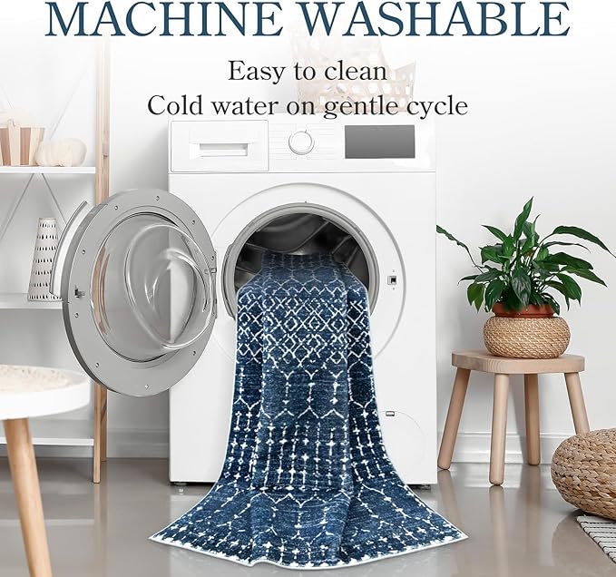 Lahome Moroccan Washable Runner Rug 2x10, Non Slip Hallway Runner Rug 10 Ft Ultra-Thin Kitchen Runners Non Skid, Soft Modern Geometric Print Carpet Runners for Entryway Stair (Blue, 2'x10')